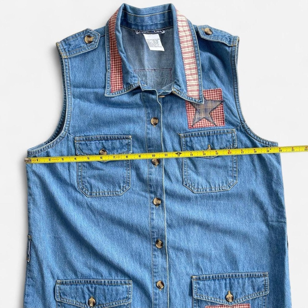 True Blue 90s Vintage Sleeveless Denim Jumper Dress Patchwork Country Stars - Picture 5 of 6